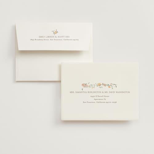 This is a golden summer wedding thank you cards with foil pressed by Erin L. Wilson called victorian trellis printing on strathmore in standard