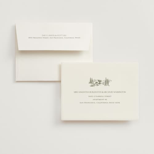 This is a sage wedding thank you cards with foil pressed by Lucrecia Caporale called country elegance printing on strathmore in standard