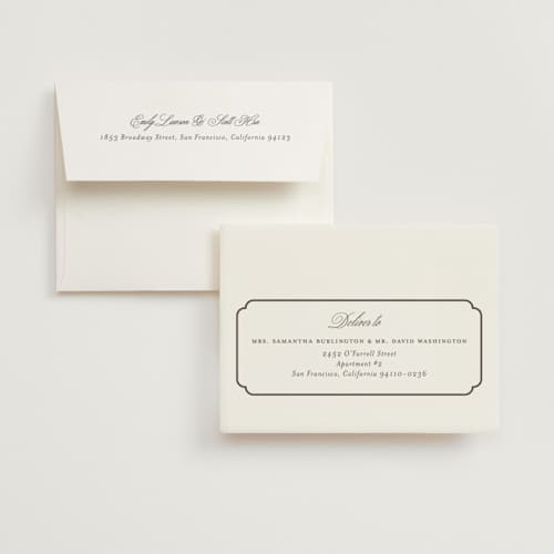 This is a cognac wedding thank you cards with foil pressed by Emily Betts called arch frame printing on strathmore in standard