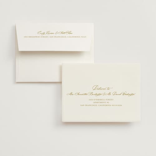 This is a champagne wedding thank you cards with foil pressed by Cass Loh called watercolor flowers crest printing on strathmore in standard