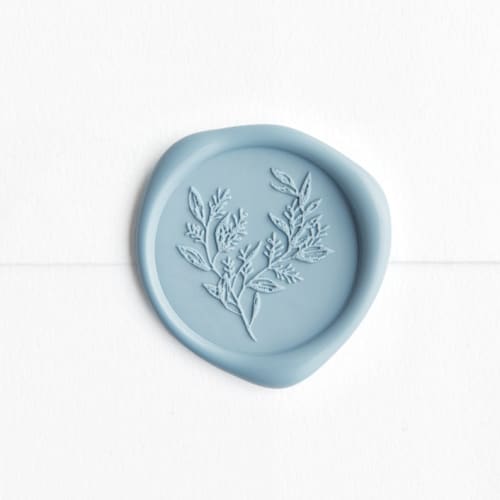 This is a dusty blue wax seals by Minted called eucalyptus in blue | paula lee calligraphy x artisaire (pack of 25) in standard