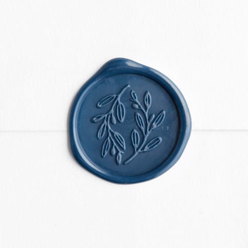 This is a navy blue wax seals by Minted called olive wreath in navy | maurelle calligraphy x artisaire (pack of 25) in standard
