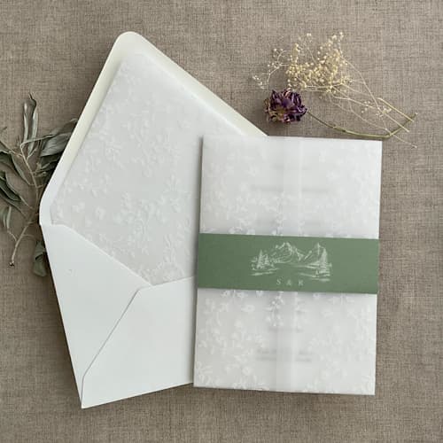 This is a green belly bands by Ivory Invitations called mountain sketch belly band for 5x7 card | pack of 10 in standard