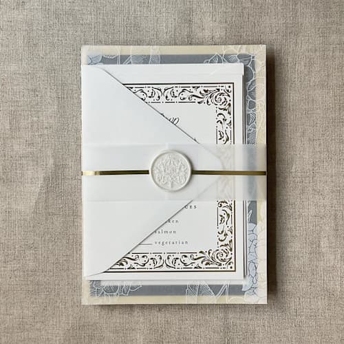 This is a gold belly bands by Ivory Invitations called regency minimalist vellum paper belly band for 5x7 card | pack of 10 in standard