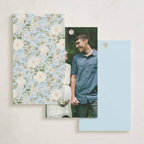 This is a baby blue baby shower favor tags with standard by Itsy Belle Studio called botanical blocks printing on signature in tag