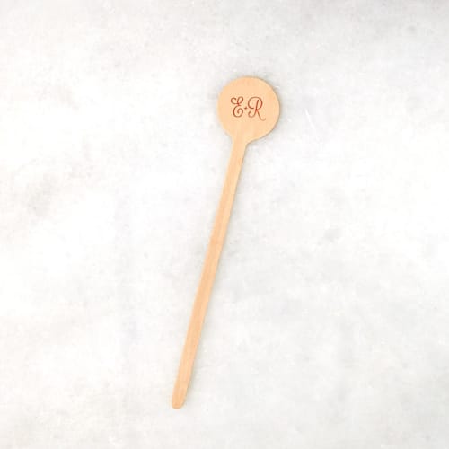 This is a natural wedding drinkware by ForYourParty called calligraphy initials wedding stir stick, wooden stir stick, set of 100 in standard