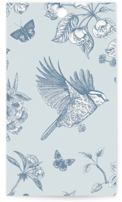 This is a dusty blue wedding favor tags with standard by Jennifer Postorino called empire printing on signature in tag