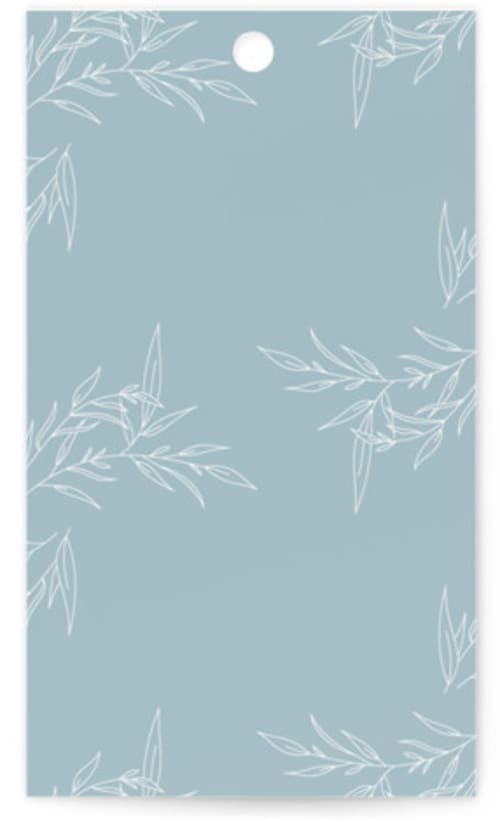 This is a powder blue wedding favor tags with standard by Jennifer Postorino called polished printing on signature in tag