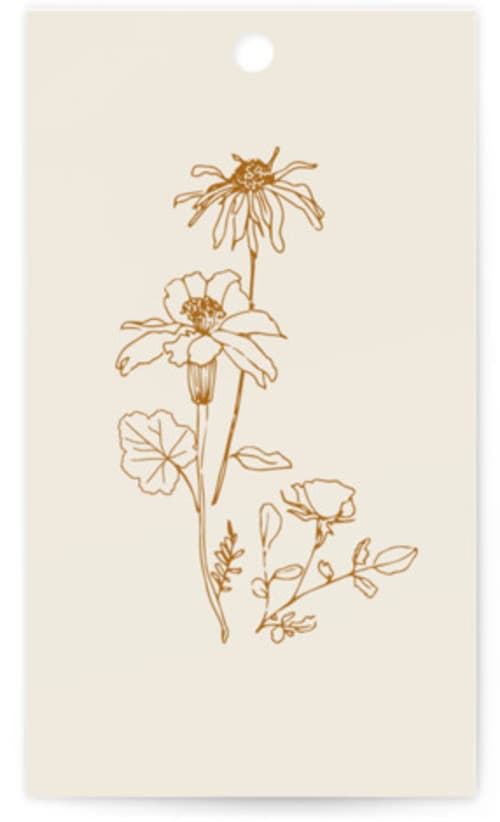 This is a cream wedding favor tags with standard by Baumbirdy called floral type arch printing on signature in tag