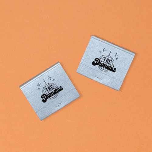 This is a silver matchbooks by ForYourParty called disco ball family name matchbooks, set of 50 in standard