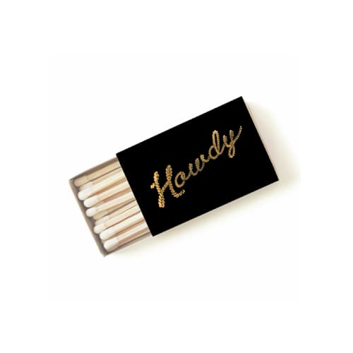 This is a black matchbooks by Jessica Cunningham called howdy matchbox, gold on black in standard