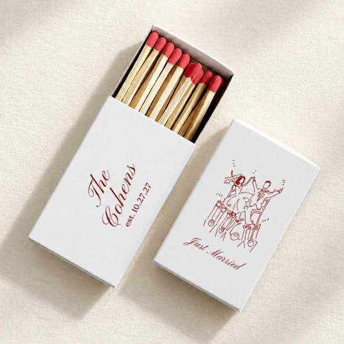 This is a blue matchbooks by Paper Haven called just married chair lift customizable matchboxes | set of 50 in standard