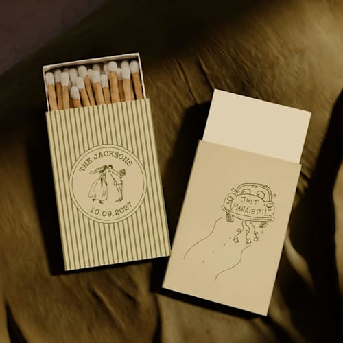 This is a multicolorassorted-colors matchbooks by Paper Haven called olive green hand drawn customizable matchboxes | set of 50 in standard