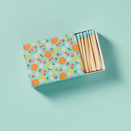 This is a blue matchbooks by Summer Hedglin called fruit salad matchbox with colorful matchsticks in standard