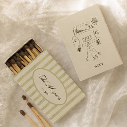 This is a green matchbooks by Paper Haven called striped getaway car green matchboxes | set of 50 in standard