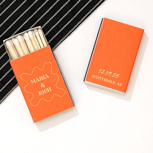 This is a orange matchbooks by ForYourParty called pasta party organic frame matchbox, set of 100 in standard