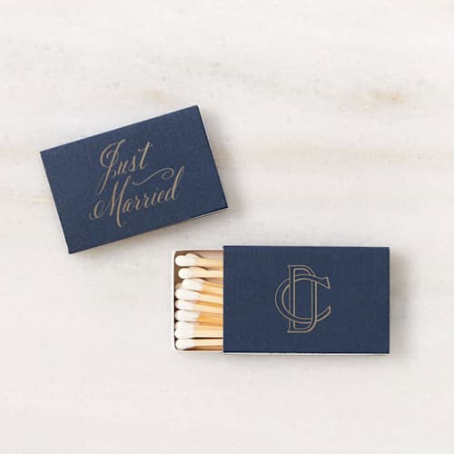 This is a blue matchbooks by ForYourParty called linked initials wedding matchbox, set of 100 in standard