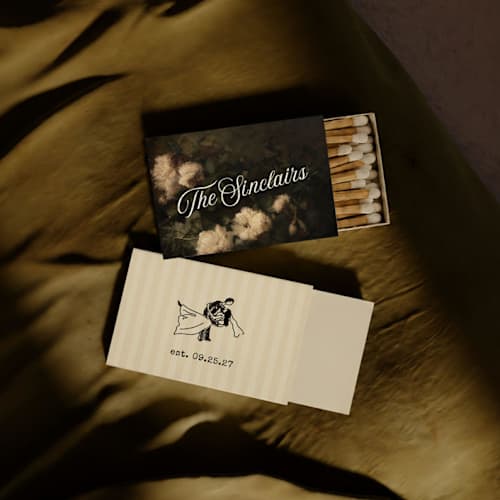This is a multicolorassorted-colors matchbooks by Paper Haven called oil painting customizable matchboxes with couple illustration | set of 50 in standard