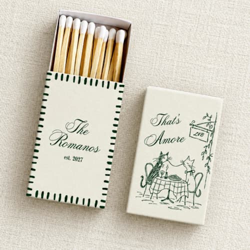 This is a green matchbooks by Paper Haven called that's amore cats customizable matchboxes | set of 50 in standard
