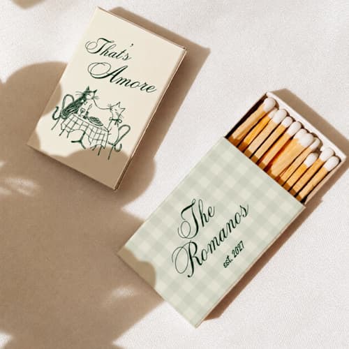 This is a green matchbooks by Paper Haven called that's amore picnic customizable matchboxes | set of 50 in standard