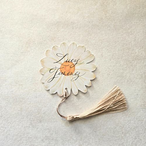 This is a yellow wedding place cards by Inkspiringletters called watercolor daisy place card with tassel- personalized- set of 10 in standard