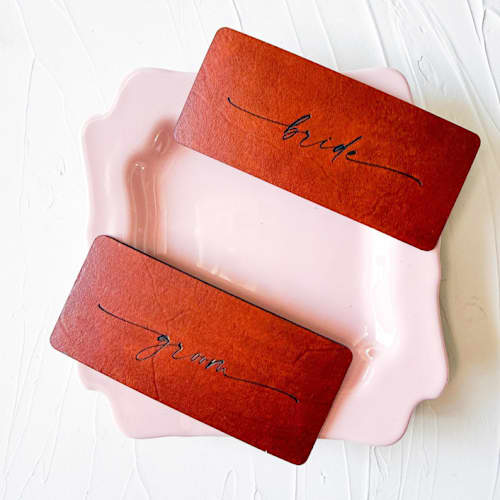 This is a brown wedding place cards by Left Grain called personalized leather place cards, set of 10 in standard