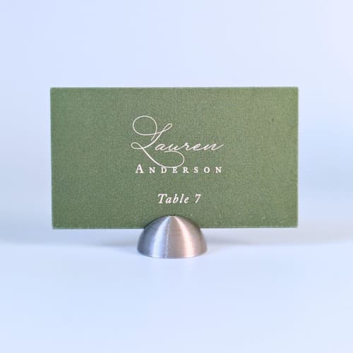 This is a silver place card holders by Corduroy Effect called silver color dome place card holders, set of 25 in standard