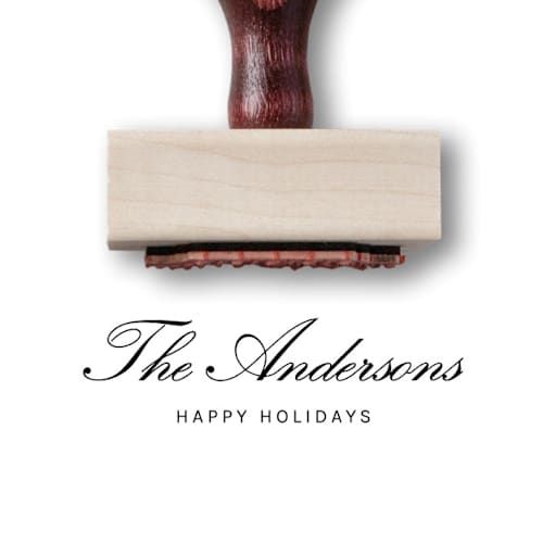 This is a multicolor wedding stationery by Alyssa Cook called holiday last name stamp | happy holiday wooden stamp in standard
