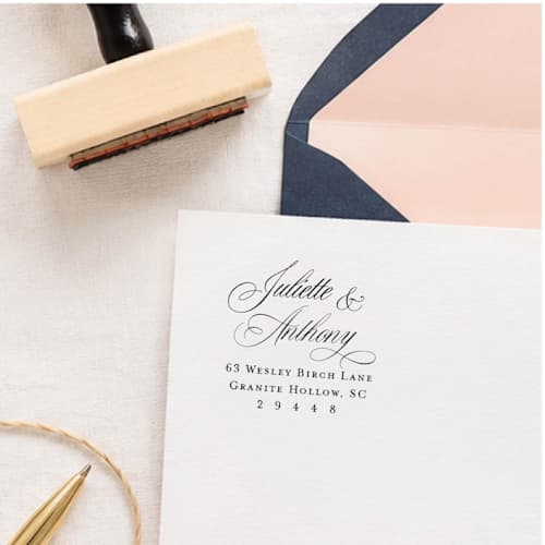 This is a multicolorassorted-colors address labels by Sara Luke called calligraphy return address stamp for wedding invitations or save the dates, self-inking stamp in standard