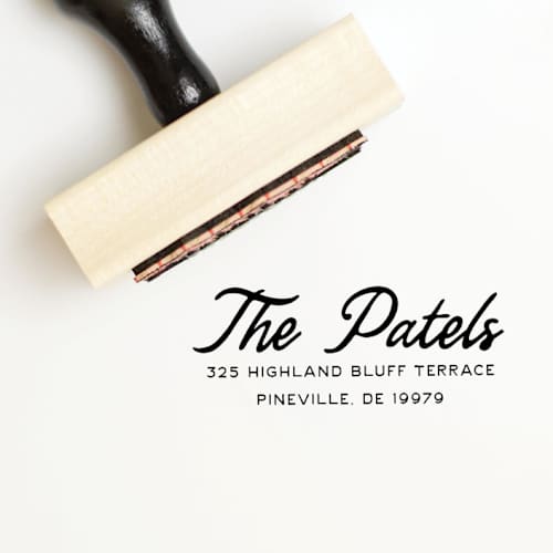 This is a multicolorassorted-colors address labels by Sara Luke called classic script return address stamp | wood handle stamp in standard