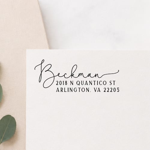 This is a multicolor address labels by Sara Luke called script return address stamp | self-inking stamp in standard