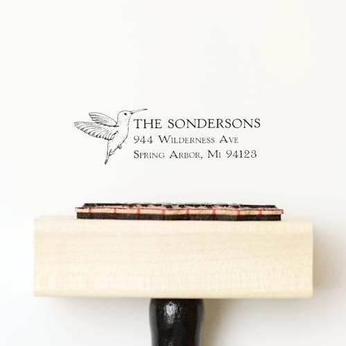 This is a multicolorassorted-colors address labels by Sara Luke called custom hummingbird address stamp | wood handle stamp in standard