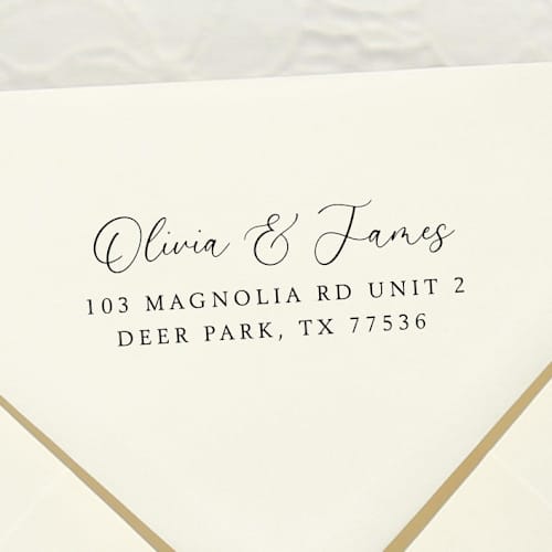This is a black address labels by Samantha Malvey called romantic love address stamp | self inking return address stamp in standard