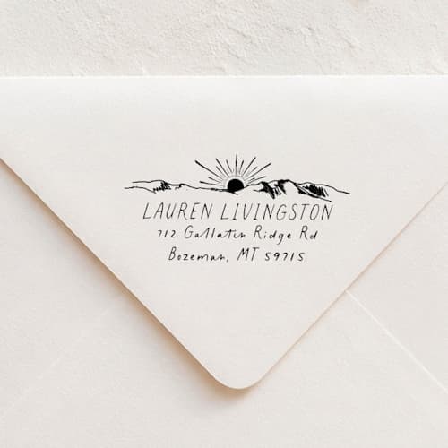 This is a multicolorassorted-colors address labels by Sara Luke called sunrise ridge stamp - mountain address stamp | wood handle stamp in standard