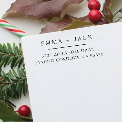 This is a black address labels by Samantha Malvey called modern couple address stamp | self inking return address stamp in standard
