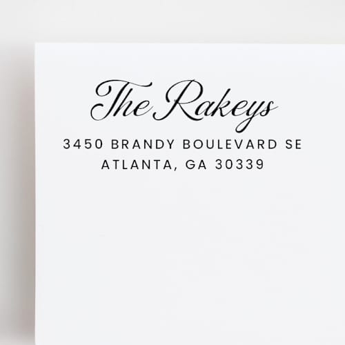 This is a multicolor address labels by Sara Luke called calligraphy return address stamp | wood handle stamp in standard