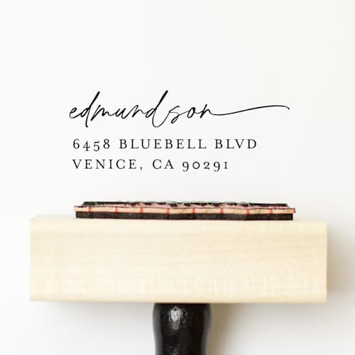 This is a multicolorassorted-colors address labels by Sara Luke called modern script address stamp | wood handle stamp in standard