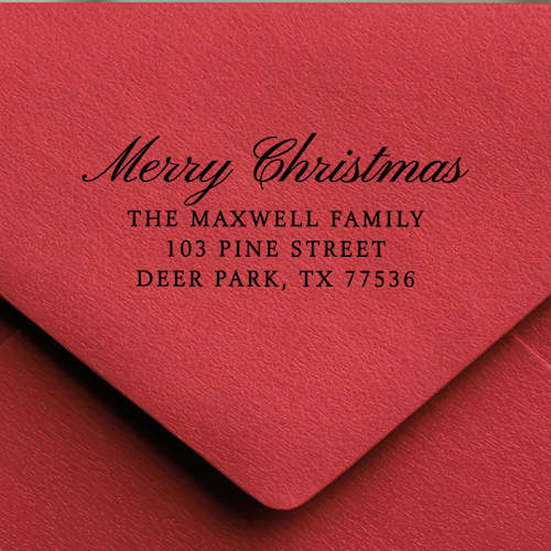 This is a black address labels by Samantha Malvey called merry christmas address stamp | self-inking return address stamp in standard