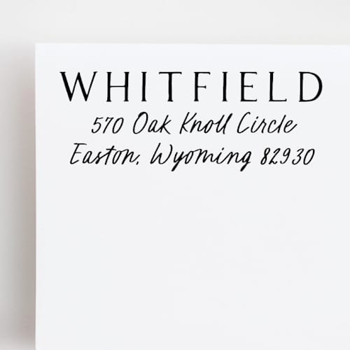 This is a black address labels by Sara Luke called custom address stamp with casual handwriting | self-inking stamp in standard