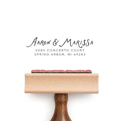 This is a multicolor address labels by Sara Luke called whimsical script return address stamp | wood handle stamp in standard