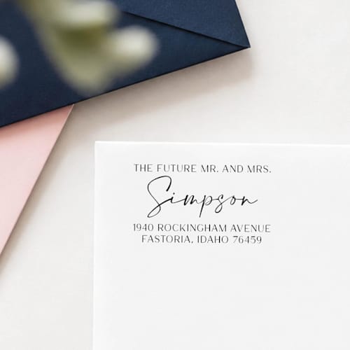 This is a multicolor address labels by Sara Luke called future mr. & mrs. wedding return address stamp | wood handle stamp in standard