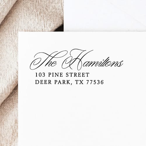 This is a black address labels by Samantha Malvey called formal wedding address stamp | self-inking return address stamp in standard