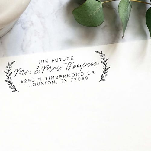 This is a brown address labels by Casey Harp called custom floral wedding address stamp | self-inking | black ink in standard