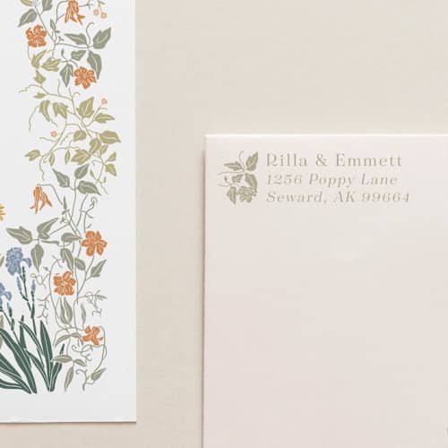 This is a multicolorassorted-colors address labels by Tara Grangroth called self-ink 'wild clematis' address stamp | hickory smoke ink color in standard
