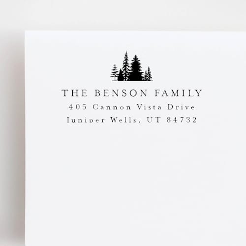 This is a multicolor address labels by Sara Luke called pine trees return address stamp | wood handle stamp in standard