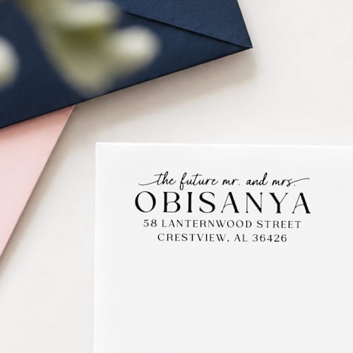 This is a multicolorassorted-colors address labels by Sara Luke called future mr and mrs stamp - wedding address stamp | wood handle stamp in standard