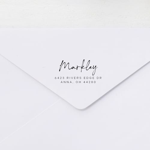 This is a multicolor address labels by Sara Luke called handwritten script return address stamp | wood handle stamp in standard