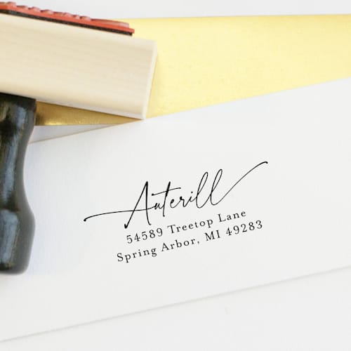 This is a multicolorassorted-colors address labels by Sara Luke called whimsical custom address stamp | wood handle stamp in standard