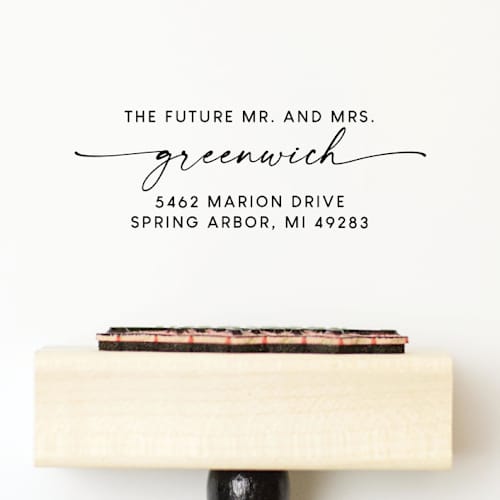 This is a multicolorassorted-colors address labels by Sara Luke called future mr. and mrs. return address stamp | wood handle stamp in standard