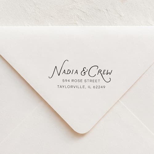 This is a multicolor address labels by Sara Luke called script return address stamp | wood handle stamp in standard